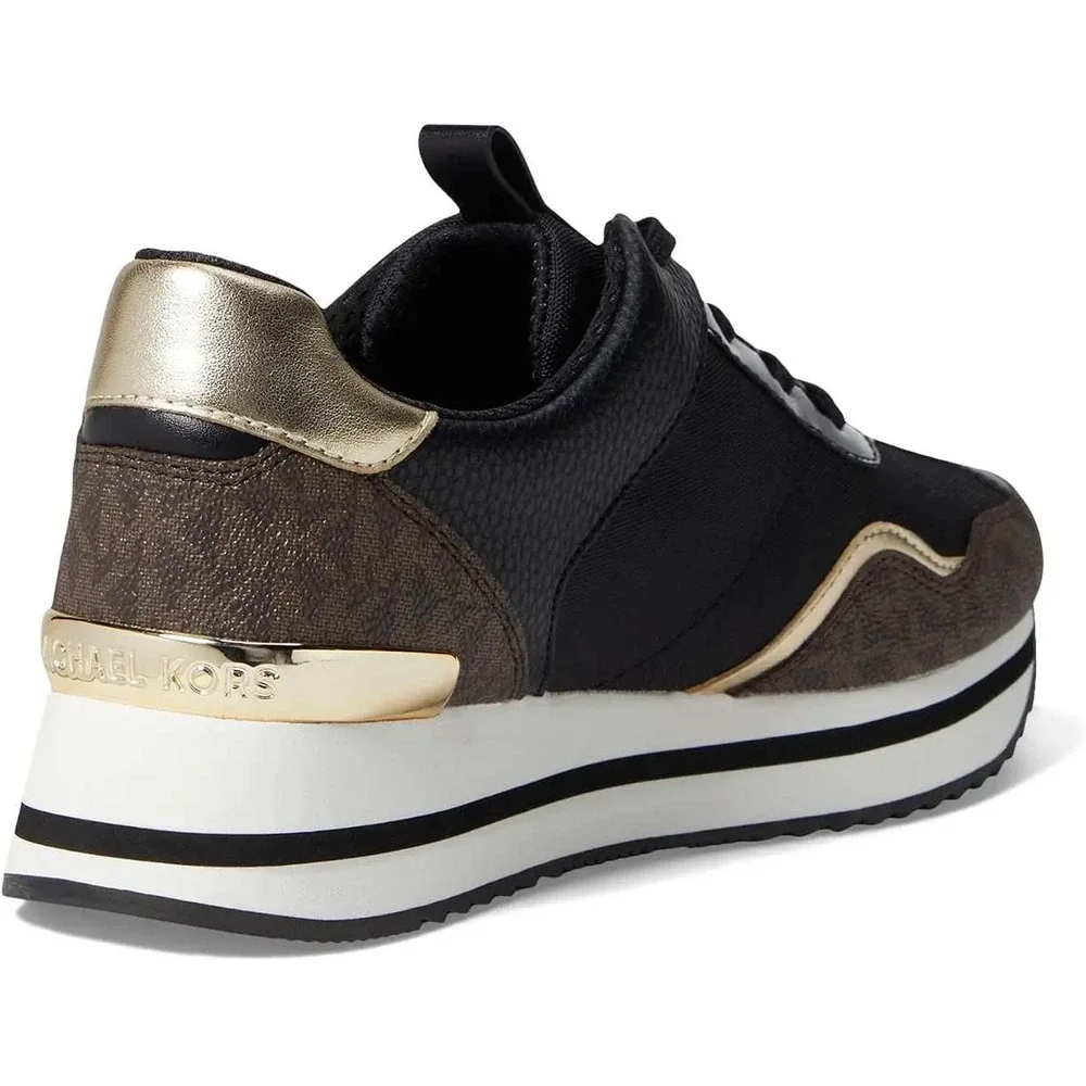 Michael Kors Raina Trainer Womens Black Gold Monogram Platform Sneakers Size 9